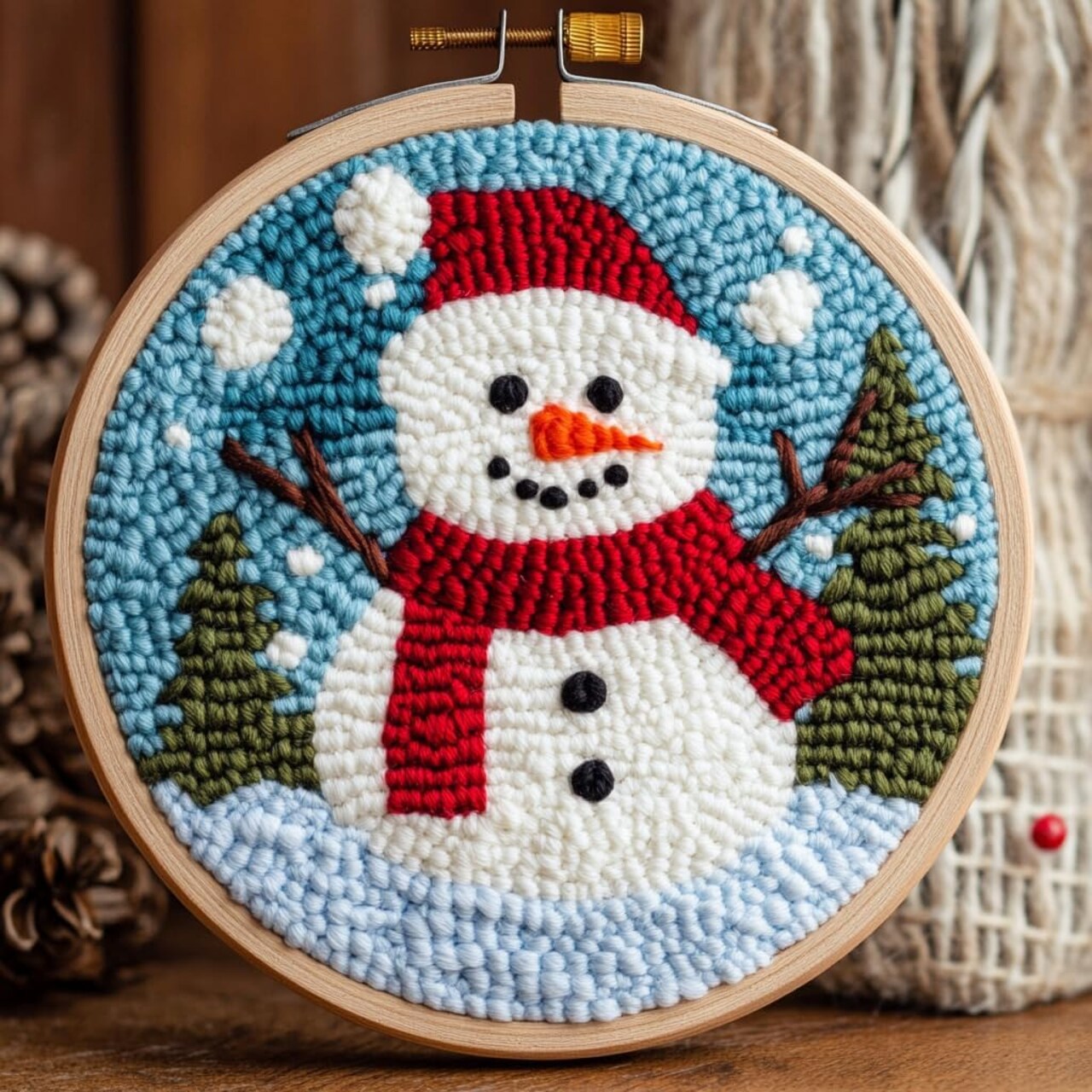 DIY Christmas Snowman Punch Needle Kit – Beginner-Friendly Embroidery Set with Hoop, Yarn & Needle, Fun Winter Craft for Adults & Kids, Holiday Decoration & Gift (20×20cm)